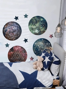 Bedroom wall with self-adhesive galaxy cosmic star map stickers and sacred geometry patterns