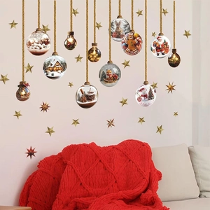 Christmas Hanging Bauble Wall Stickers PVC Waterproof Decorative Mural For Living Room Bedroom Holiday Atmosphere Home Art Decor Santa Claus Patterns