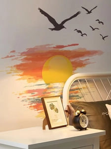 Detailed view of sunset scenery wall stickers with birds silhouette in bedroom setting