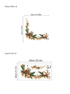 Detail view of PVC Christmas wall stickers with dimensions for holly and ribbon patterns