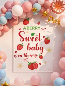 Detail of strawberry baby shower backdrop with balloons for gender reveal party decor