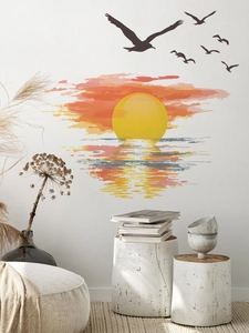 Detail of sunset and birds wall sticker in a modern living room with minimalist decor
