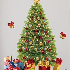 Self-adhesive PVC Christmas tree wall sticker set with colorful gift boxes and bells