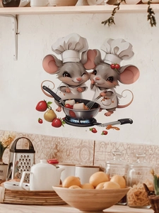 Detail of cartoon mouse chef wall decal on kitchen white wall with oilproof PVC texture