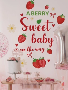 Detail of Berry Sweet Baby party wall decal with strawberry motifs and script lettering