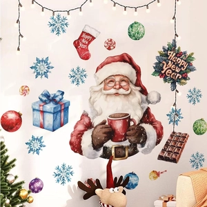 Aquarell Weihnachtsmann Wandtattoo mit Schneeflocken und festlichen Weihnachtsornamenten