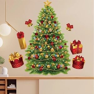 Christmas tree wall sticker with festive ornaments and gift boxes for home decoration