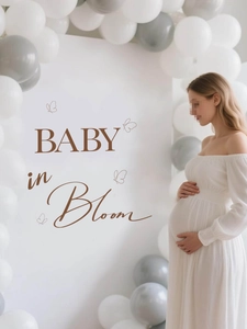 Sfondo Baby in Bloom con palloncini bianchi e grigi per decorazione di baby shower