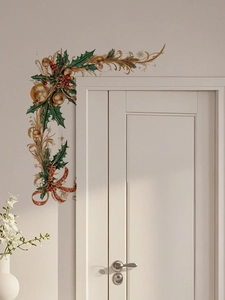 L-shaped Christmas corner decal with holly leaves, red berries and golden ornaments