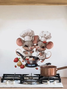 Detail of cartoon chef mouse wall sticker applied on kitchen backsplash near stove
