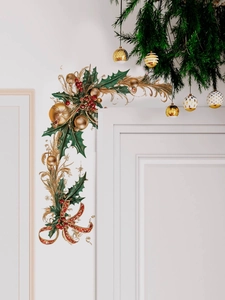L-shaped Christmas door corner sticker with holly leaves, red berries and gold bow decor