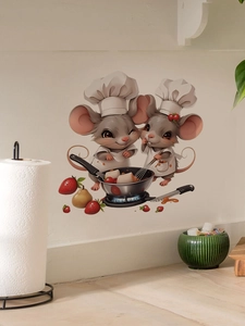Detailed view of 3D cartoon mice cooking in pans on self-adhesive PVC kitchen wall decals