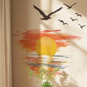 Sunset and sea birds PVC wall sticker with minimalist Nordic landscape design for home decor