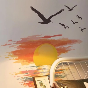 Removable sunset and flying seagulls wall decals for bedroom and living room decor