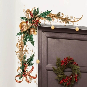 Christmas Corner Wall Sticker PVC Waterproof Holiday Decal Holly Berry Gold Ball Red Ribbon Bow Decoration For Home Room