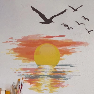Artistic sunset and bird PVC wall decal for living room home decor with warm yellow tones