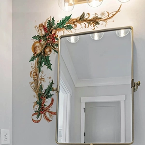 Christmas holly berry wall stickers with golden ornaments and snowflakes for holiday decor