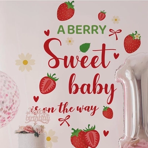 Sweet Strawberry Baby Shower Backdrop with Daisy Florals and Red Berry Wall Decals