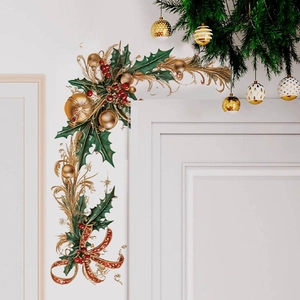 Christmas corner wall sticker with holly leaves, red berries, and festive gold ornaments