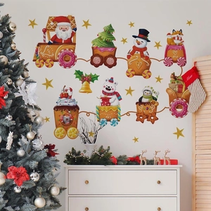 Stickers muraux de Noël avec Père Noël dans un train et bonhomme de neige pour décoration