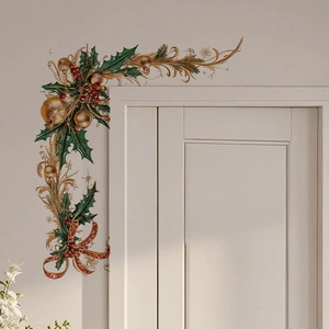 Christmas PVC wall decals with holly leaves and red bows for holiday corner decoration