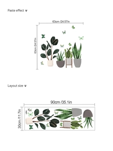 Detail of PVC potted plant wall stickers showing paste effect and layout dimensions