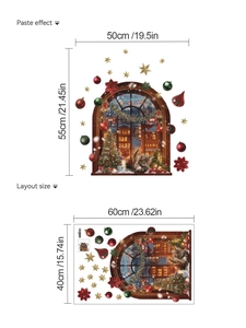 Detail showing Christmas window cat wall sticker layout size and paste effect dimensions