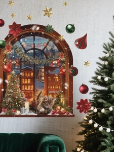 3D Christmas window wall sticker featuring a festive cat, snowy village, and star ornaments