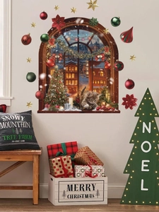 3D Christmas window wall sticker featuring a cat and snowy city scene on white wall