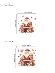 Christmas wall decal layout and size guide showing Santa, cat, and gift box stickers