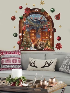 Christmas cat window wall sticker with snowy town scene for cozy living room decor