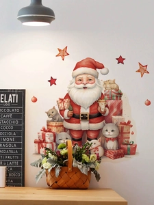 Detail of Santa Claus wall sticker with cute cats and gifts in a cozy home setting