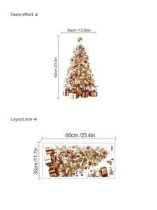 Detailed size guide for golden Christmas tree wall stickers with layout and finish dimensions