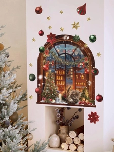 3D Christmas window wall sticker showing a cat in a snowy night with gold star decals