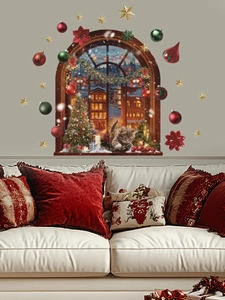 Detailed Christmas 3D window wall sticker set with cats, snow scenes, and festive ornaments