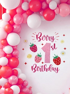 Detailed strawberry theme wall decal for Berry First Birthday party with balloon arch decor