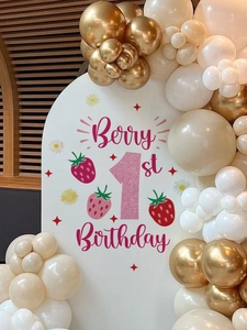 Pink strawberry berry first birthday arch backdrop sticker with balloon decoration