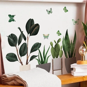 Potted green plants and butterflies wall decals set for living room home wall decor