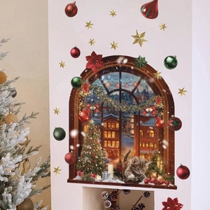 3D Christmas window wall sticker with cat, festive Xmas tree and DIY star decals
