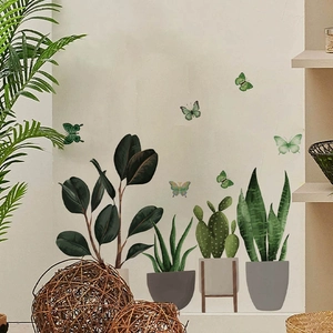 Modern potted plant wall stickers with butterflies for living room home decor