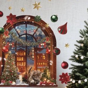 Cat in window frame wall sticker with snowy Christmas town view and festive decor