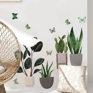 Potted green plants wall sticker with butterflies for modern living room decor