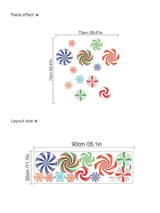 Detailed view of colorful Christmas candy wall stickers layout and 73x73cm pasting effect