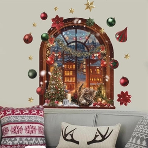 3D Christmas window wall sticker featuring a cute kitten, snowy scene and gold stars