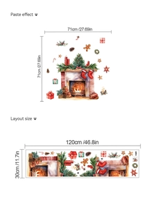 Christmas fireplace wall decal with stockings and pine branches, 71x71cm layout size