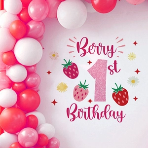 Berry 1st Birthday wall sticker backdrop with pink strawberries and party balloons