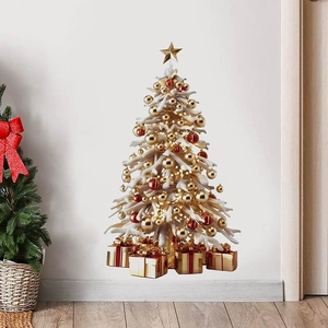 Golden Christmas Tree Wall Sticker Removable PVC Snowflake Star Gift Box Decal For Living Room Bedroom Holiday Home Decor