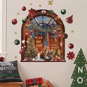 3D Christmas window wall decal with cat and snowy city view for festive home decor