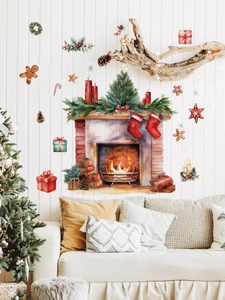 Christmas fireplace wall decal set with watercolor gingerbread men and festive ornaments