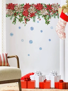 Detailed Christmas wall stickers with red poinsettia flowers and green pine leaves